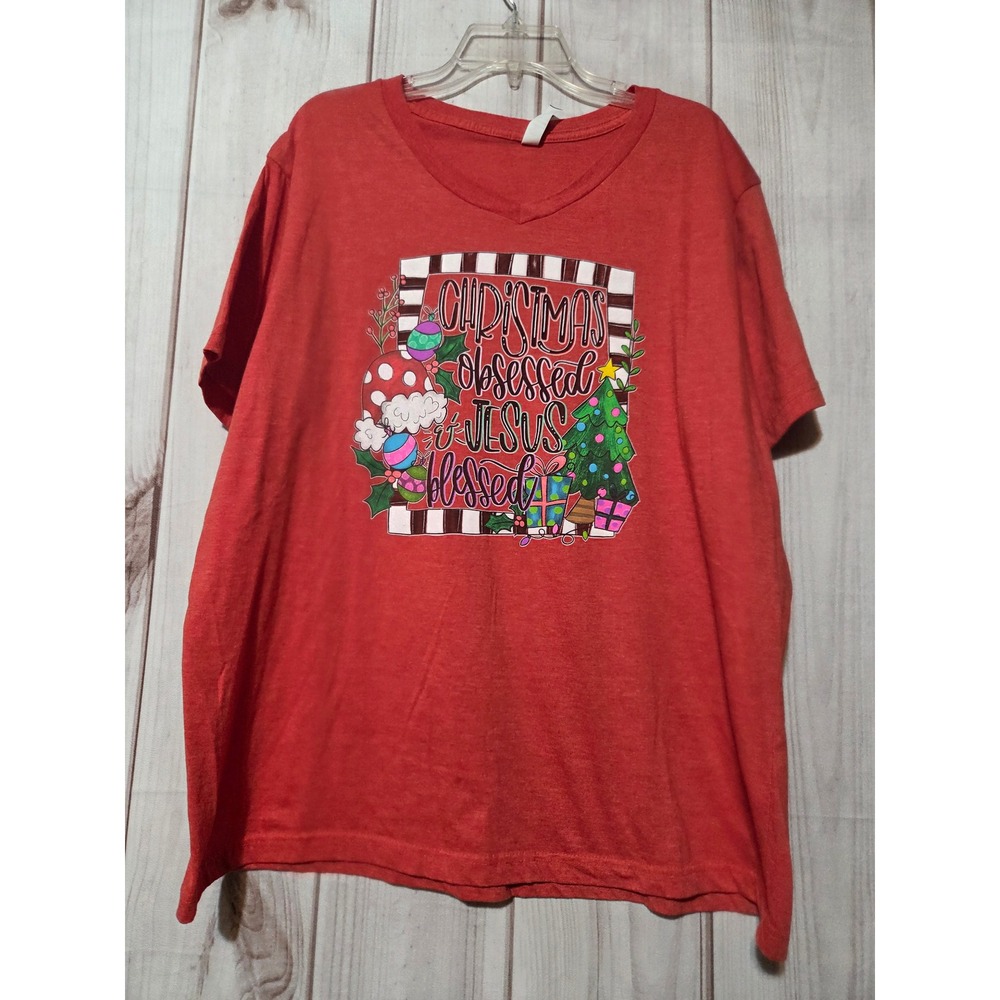 Apparel Mens 2X Christmas‎ Obsessed Jesus Blessed Red Graphic V-Neck T-Shirt